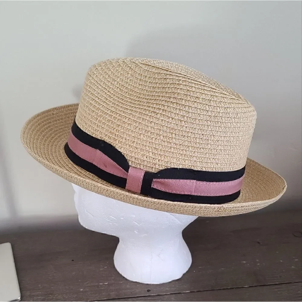 Nordstrom Classic Stripe Straw Fedora Hat in Tan Combo NEW Size S / M